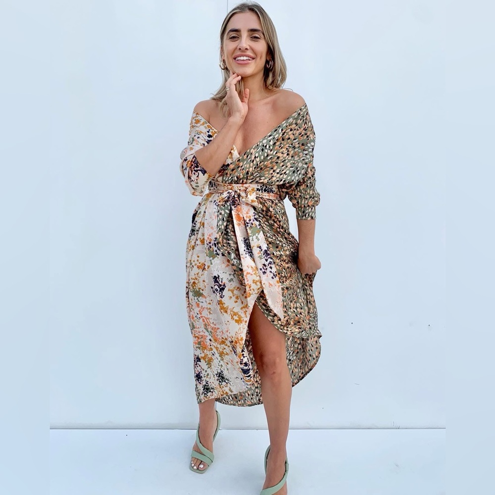 Never Fully Dressed Asymmetrical Floral Wrap Dress in Cream, Green and Peach